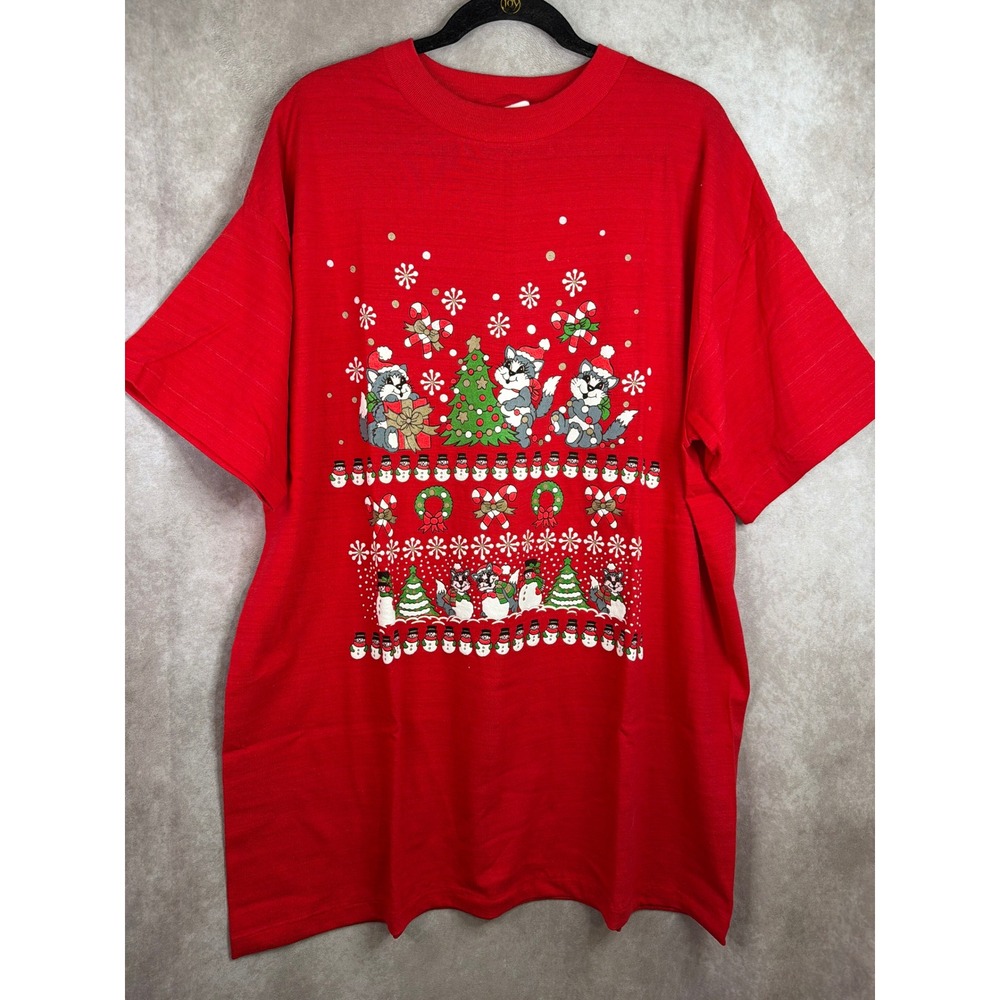 NWT VTG 80s College Ware USA Night Shirt OSFA Red Christmas Cat Glitter Puff